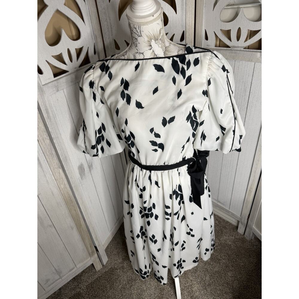 Vintage B.D. II 80s Classic Black White Leaves Dress Retro Size Large